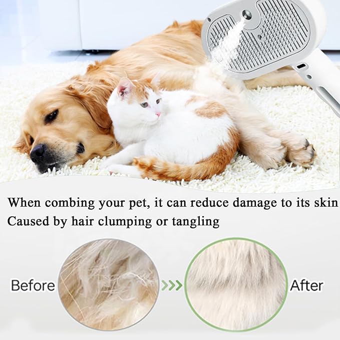 Fresh Fur Shower Brush, 3 In 1 Self Cleaning Pet Spray Hair Removal Comb, Pet Steamy Shower Brush + Bathing Solution, Removes Loose Hair & Reduces Shedding, for Long & Short Haired Pets (White)