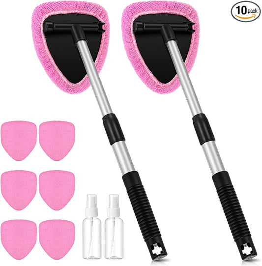Baderke 10 Pcs Windshield Cleaner Tool Car Window Cleaning Supplies with Extendable Handle Include 6 Washable Microfiber Bonnets 2 Empty 60ml Spray Bottle Glass Wiper Kit(Pink)