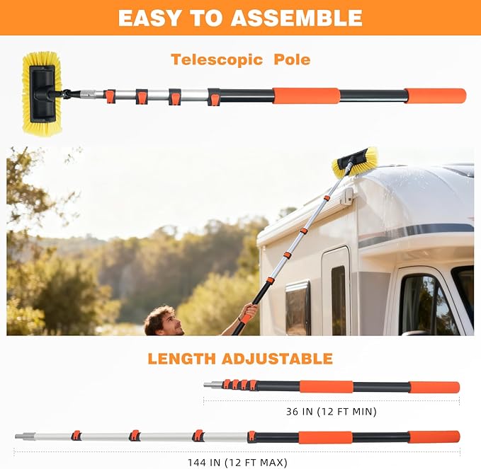 TOWBRUS 12FT/144inch Car Wash Brush with Long Handle Telescopic Pole Angle Adapter Car Cleaning Tool with 2 Pcs 12" Soft Bristle and Hard Bristle for Car Truck RV House Floor Window Glass Roof Pool