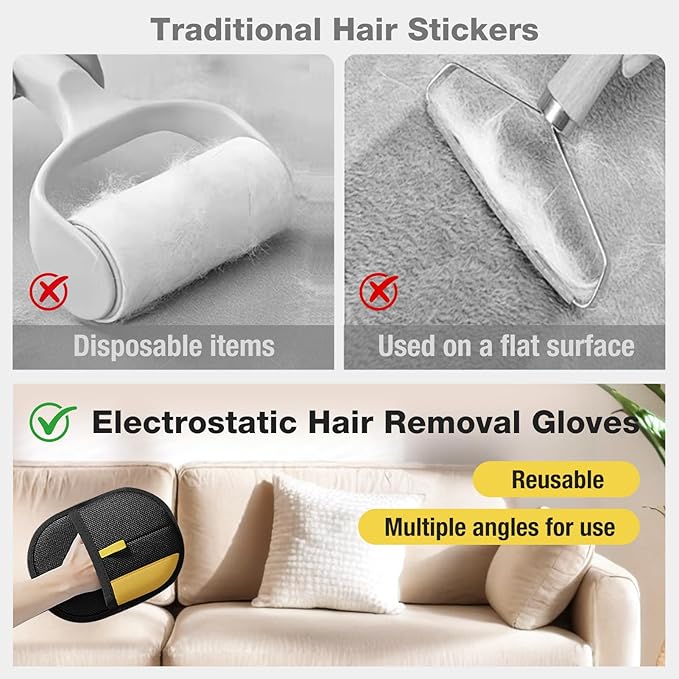 Gvwoye Pet Hair Removal Glove - Electrostatic Pet Hair Remover, Cat & Dog Hair Remover Tool for Couch, Furniture, Carpet, Car Seat, Curtain, Reusable Double Sided Cat Grooming Gloves (1PC)