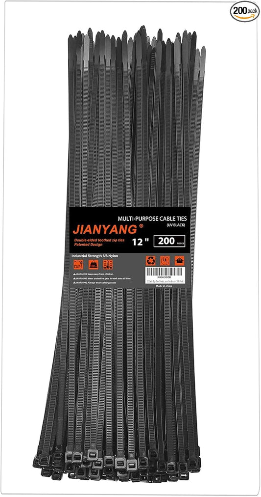 12 Inch Zip Ties Double Sided Toothed,100 LBS Tensile Strength Heavy Duty Cable Wire Ties With Self-Locking Adjustable More Durable Nylon Tie Wraps for Indoor Outdoor（200 Pack）