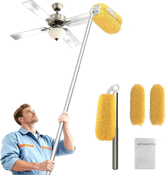 EHOMGUI Long Handle Duster with 2 Replacement Heads, Washable Cleaning Duster Kit with Laundry Mesh Bag, Cobweb Duster, Extendable Dusting Tool for Home and Office