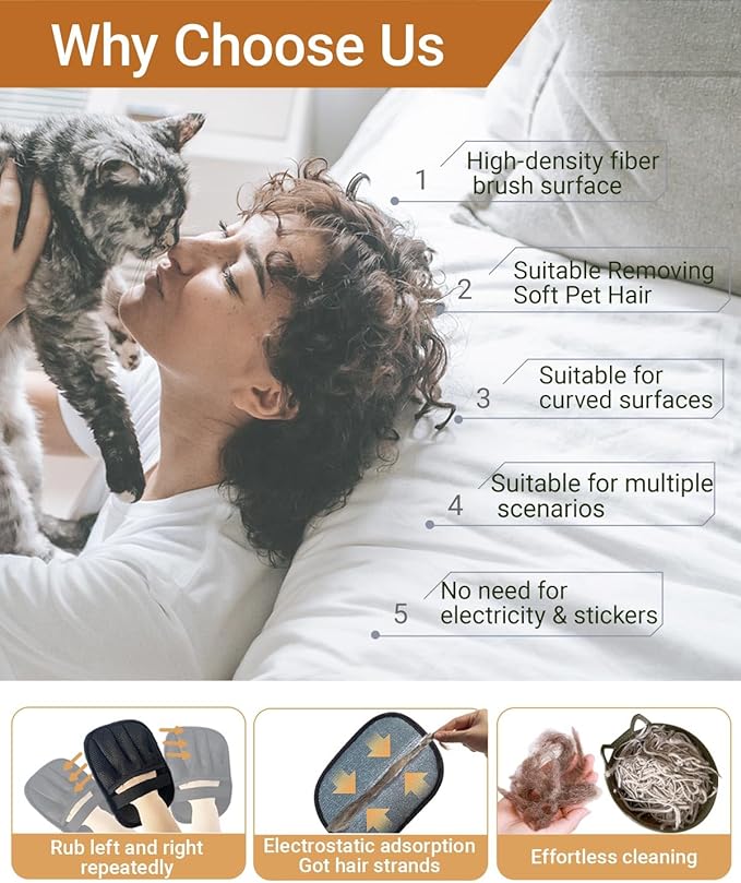 FeiFanYiGou Reusable Pet Hair Remover Glove for Couch & Bedding - 5-Finger Versatile Fabric - Safe Fur Remover Mitt, Black - Professional Cat & Dog Hair Scraper for Carpeted Stairs, Clothes,Car Seats