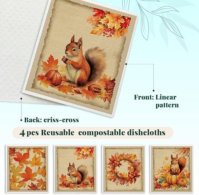 Swedish Dishcloths for Kitchen Cloths Towels, Cute Squirrel Fall Pumpkin Maple Leaves Gifts 4 Pack Dish Cloths for Kitchen, Vintage Autumn Papaya Reusable Cleaning Paper Towels Washable