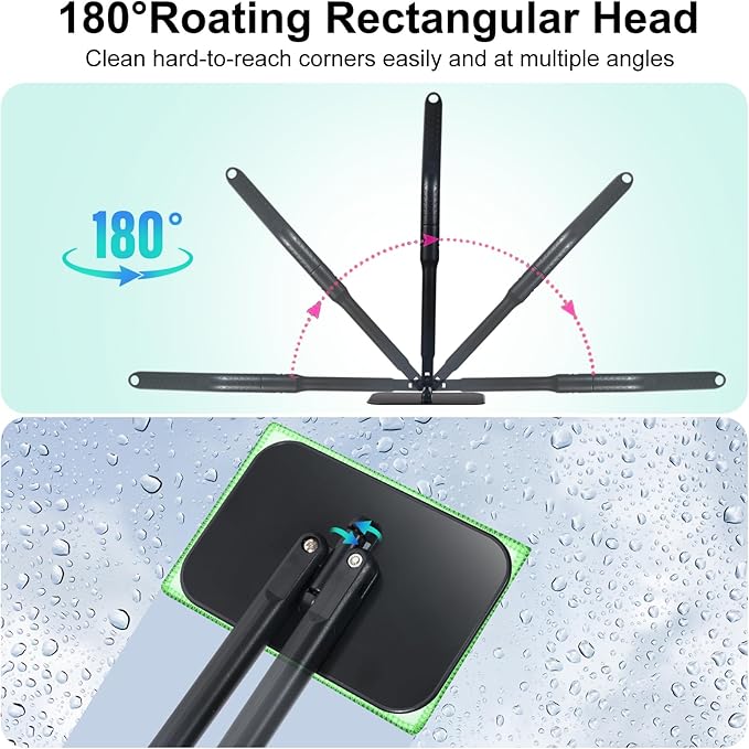 Windshield Cleaning Tool, Windshield Cleaning Wand Car Window Cleaner with 4 Washable Reusable Microfiber Pads, Detachable Long Handle Glass Wiper Cleaning Kit for Auto Glass, Trucks, SUVs, RVs, Home