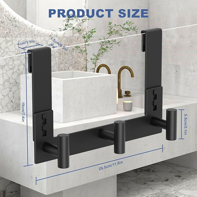 PMMASTO No-Drill Extra Long Shower Hooks, Fits 3/8" Thick Door, Heavy Duty Stainless Steel Towel Hooks for Frameless Glass Shower Door, Holds Bathrobe Towel (Black, 3 T-Hooks)