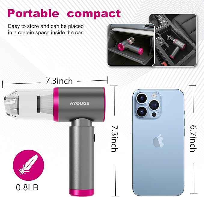 Car Vacuum Portable Cordless, 20000PA High Power Vacuum Cleaner, Brushless Motor, 3-Speed Modes, 4 in 1 Compressed Air Duster, Air Blower, Pump Handheld Vacuum with LED for Car, Home, Office, Camping