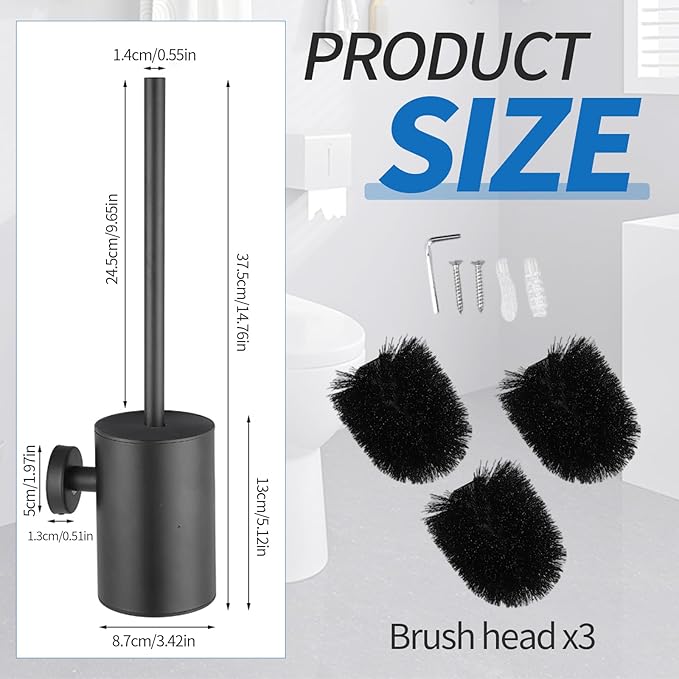 Wall Mounted Toilet Brush and Holder Set, 304 Stainless Steel Toilet Bowl Brush with 3 Replacement Heads, Space-Saving Bathroom Cleaning Brush, Matte Black Finish