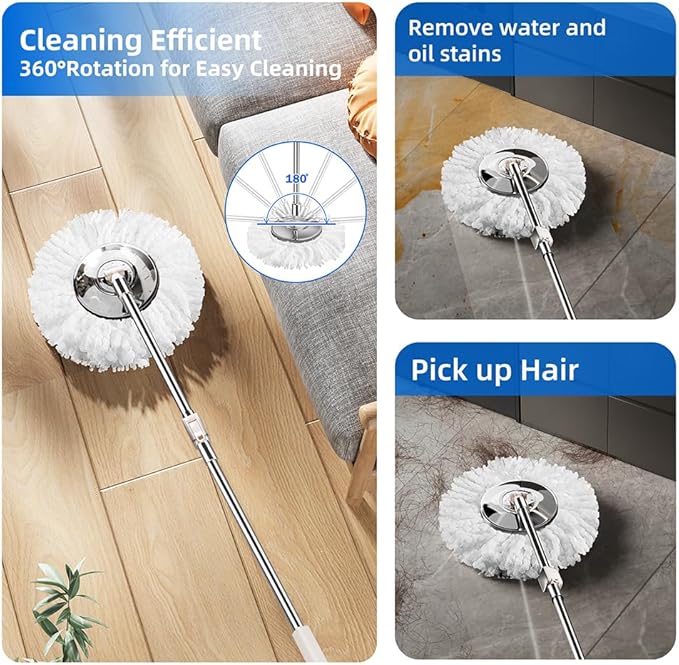 SWIFTIRON Spin Mop and Bucket with Wringer Set for Home,360° Mop and Bucket with Separate Clean and Dirty Water,Wet Dust Mop for Floor Cleaning with Extra Refills (Silver)