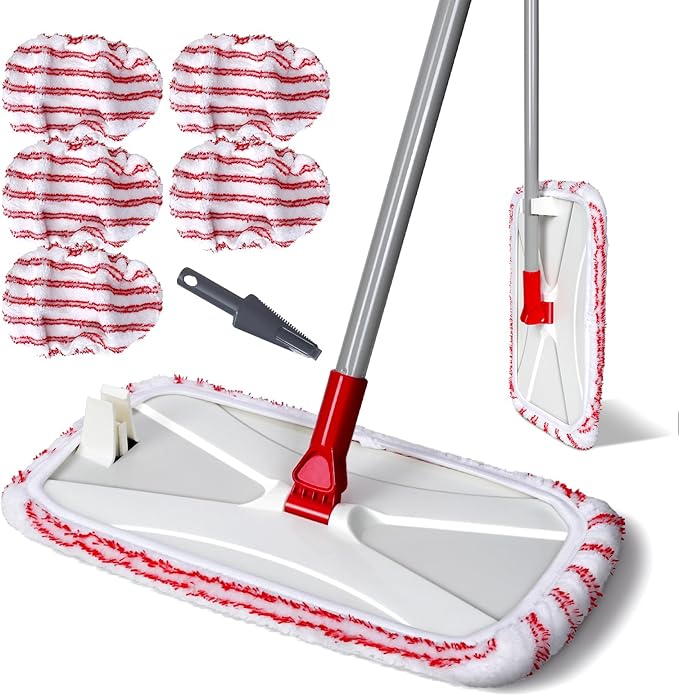 OZD 16" Microfiber Mop for Hardwood, Laminate, Tile Floor Cleaning, Flat Floor Mop with Adjustable Handle, 360° Swivel, Wet Dry Dust Mop for Pet Hair, Home & Commercial Use- Scraper & 5 Washable Pads