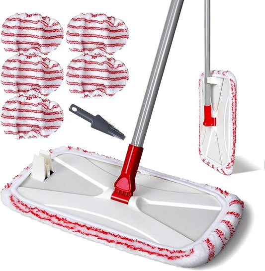 OZD 16" Microfiber Mop for Hardwood, Laminate, Tile Floor Cleaning, Flat Floor Mop with Adjustable Handle, 360° Swivel, Wet Dry Dust Mop for Pet Hair, Home & Commercial Use- Scraper & 5 Washable Pads