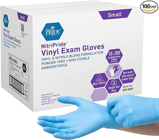 MED PRIDE Disposable Powder Free Non Latex Single Use Medical Exam Gloves, Nitrile Vinyl Blend for Cleaning and Food Handling (Small 100)