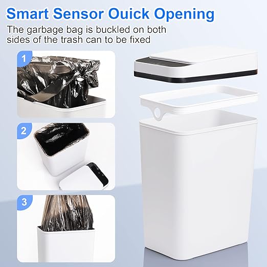 Bathroom Trash Cans with Lid Touchless Automatic Motion Sensor 4 Gallon Small Garbage Can, Smart Electric Plastic Narrow Garbage Bin for Living Room Bedroom Office Kitchen (White)