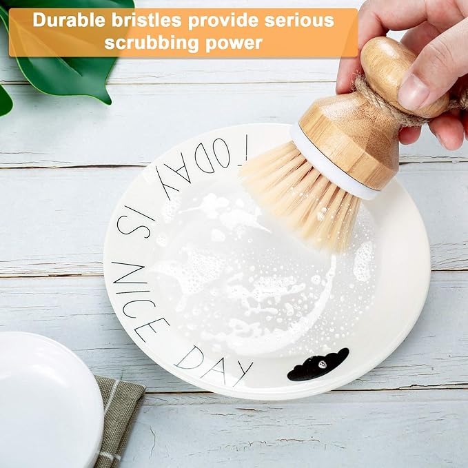 Boao 3 Pieces Bamboo Dish Scrub Brush Natural Wooden Kitchen Cleaning Scrubbers Durable Bamboo Palm Household Pot Scrubber Brush and 1 Holder for Dishes Pots Pans Kitchen Sink Cleaning