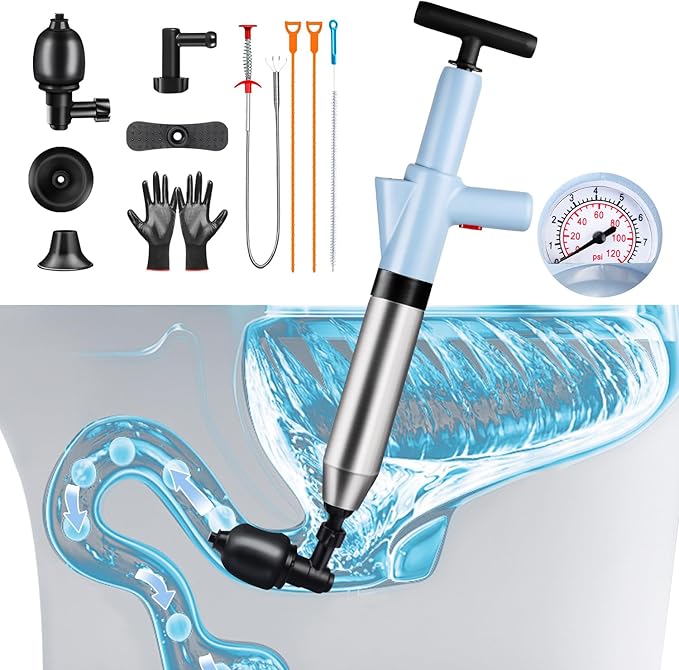 WOHPW Fast High Pressure Toilet Plunger with Real-Time Barometer | Heavy Duty Air Drain Blaster & Unclogger Tool for Bathroom, Toilets, Sinks, Tubs, Pipes | Clog Remover Kit & Toilet Snake Alternative