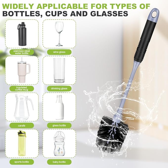 ZHAYAO Long Handle Bottle Brush, Reusable Water Bottle Cleaner Brush, Flexible Scrub Brush for Water Bottles, Glasswares, Mugs, Thermos, Black, 2 Pack