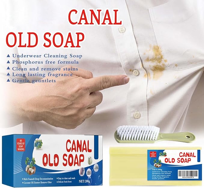 Canal Old Soap with Brush, Grand Old Soap for Stains, Canal Underwear Cleaning Laundry Long Lasting Fragrance Soap Bars, Gentle Not Hurt Hands Removing Old Stains (1PCS)