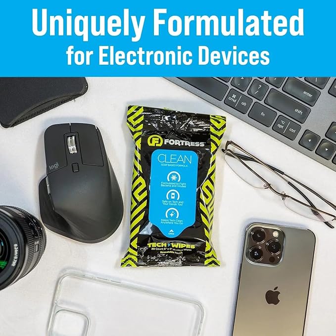 Fortress Electronic Wipes With Microfiber Cloth (25 ct, Pack of 6) To-Go Tech Wipes for Screens, Phones, Keyboards, TV Monitors, Computer Screens, and More [Travel Size] Skin-Safe