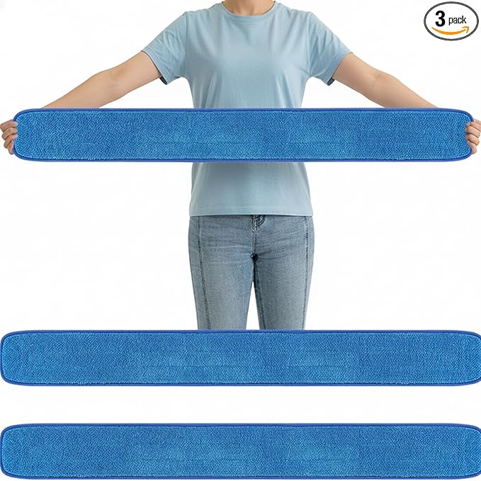 LOYIM 3 Pcs Large 48 Inch Commercial Replacement Microfiber Pads Reusable Wrestling Wet Mop Refill Pads for Flat Mop Frames Wet and Dry Use (Micronfiber & Cotton,Blue)