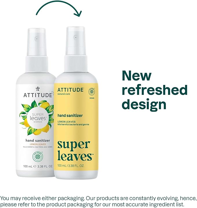 ATTITUDE Hand Sanitizer Spray for Adults and Kids, EWG Verified, Kills Bacteria and Germs, Vegan, Lemon Leaves, 3.38 Fl Oz (Spray Bottle) (Pack of 6)