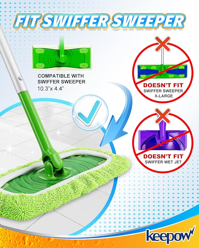 KEEPOW Reusable Dry Sweeping Cloths Microfiber Wet Mop Pads Compatible with Swiffer Sweeper Mop Replacement Sweeping Mopping pad Refills for Hardwood Surface Floor Cleaning (4PCS)