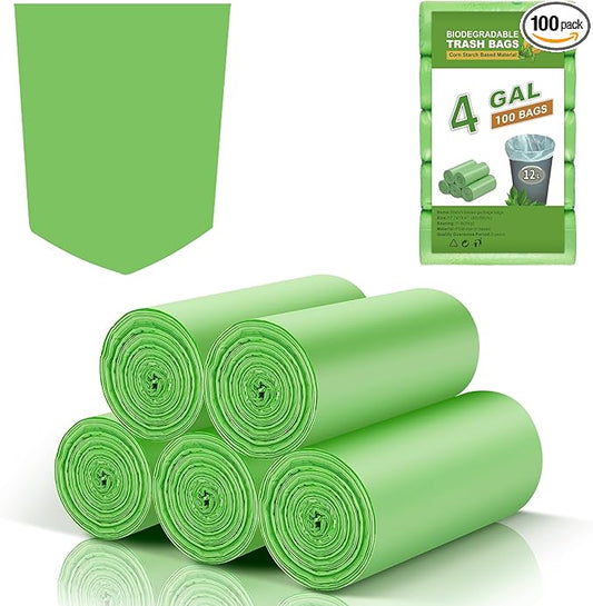 4 Gallon Small Biodegradable Trash Bags - Inwaysin 4 Rolls 100 Count Clear Green Garbage Bag Unscented Bulk Strong Thick Compostable Waste Basket Liners for Kitchen Office Car Pet