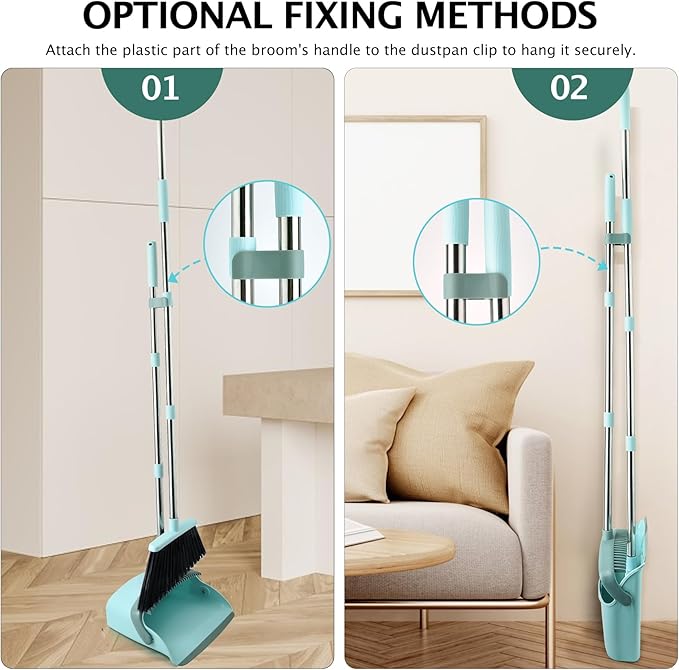 XXFLOWER Broom and Dustpan Set, Dustpans with Broom Combo for Home, Heavy Dust Broom and Dustpan Combo, Long Handle Dust Pan and Broom Set for Kitchen, Office, Pet Hair,Green, Pack of 1