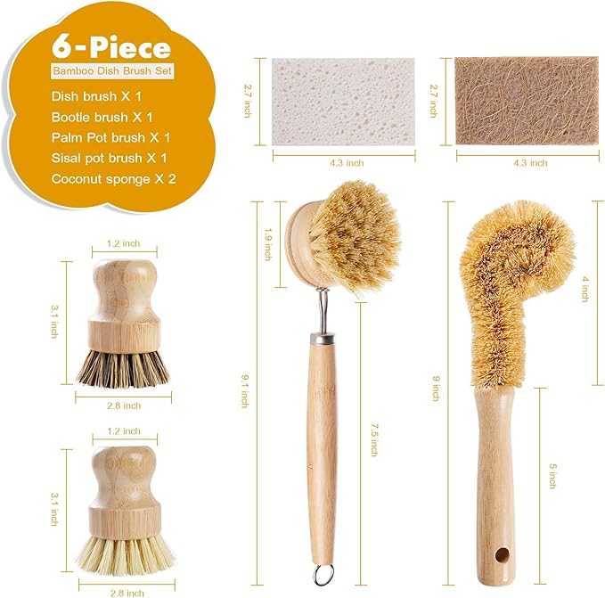 DEBETOOL 6 Piece Bamboo Dish Brush Set with Coconut Sponge - Wooden Dish Brush with Sisal and Palm Fiber, Natural Bamboo Dish Scrub Brush for Kitchen Cleaning Dishes, Pots, Pans, Bottles, Vegetables