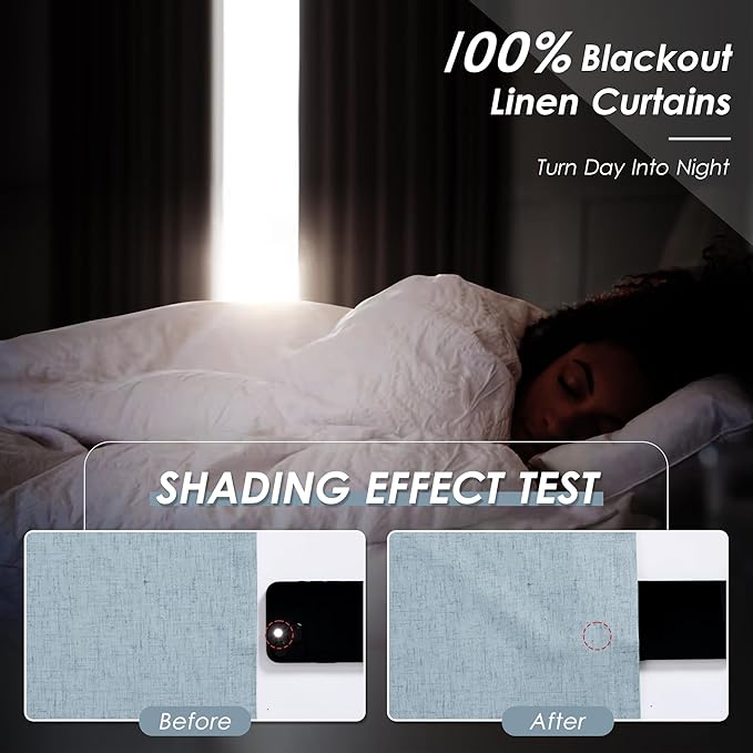 Nanspring Blue Linen 100% Blackout Curtains 144 inch Length Back Tab Rod Pocket DrapesThermal Insulated Textured Living Room Blackout Curtains 2 Panels Set 52x144