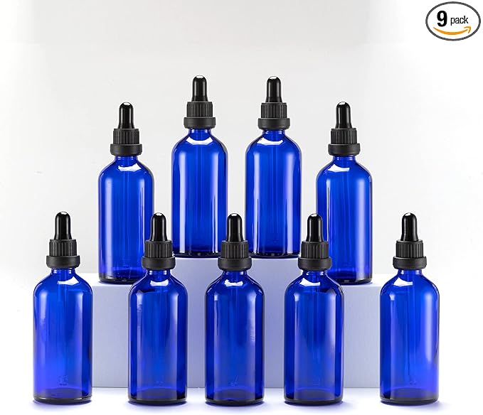 YIZHAO Blue Glass Dropper Bottle 4oz, Tincture Bottles with Glass Dropper, for Essential Oils, Aromatherapy, Cosmetic, Laboratory, Pharmacy, Liquids, Travel –9 Pcs