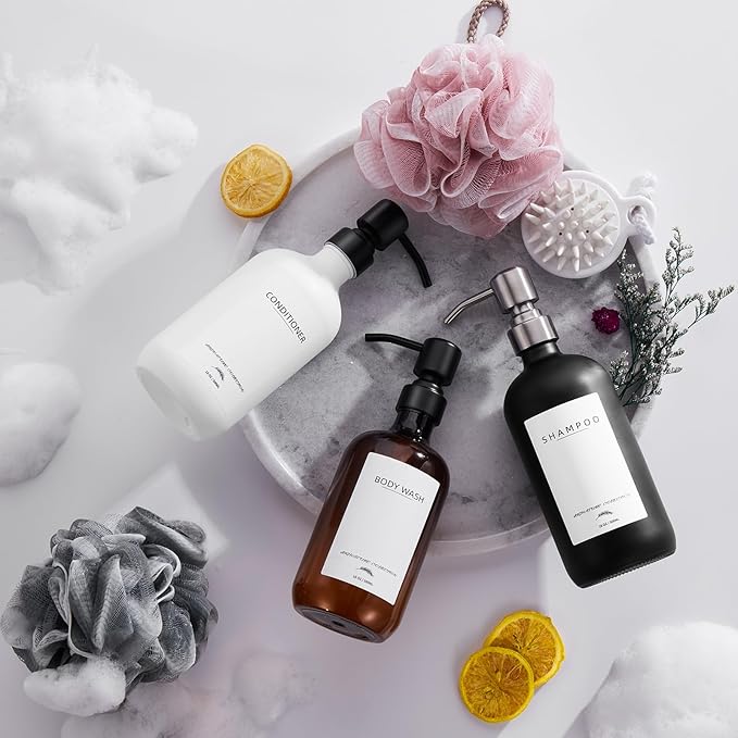 Shampoo Dispenser for Shower Wall Mount, No Drill Shampoo and Conditioner Dispenser with Matte Pump and Waterproof Labels, Shower Soap Dispenser Wall Mounted for Home Bathroom - Amber