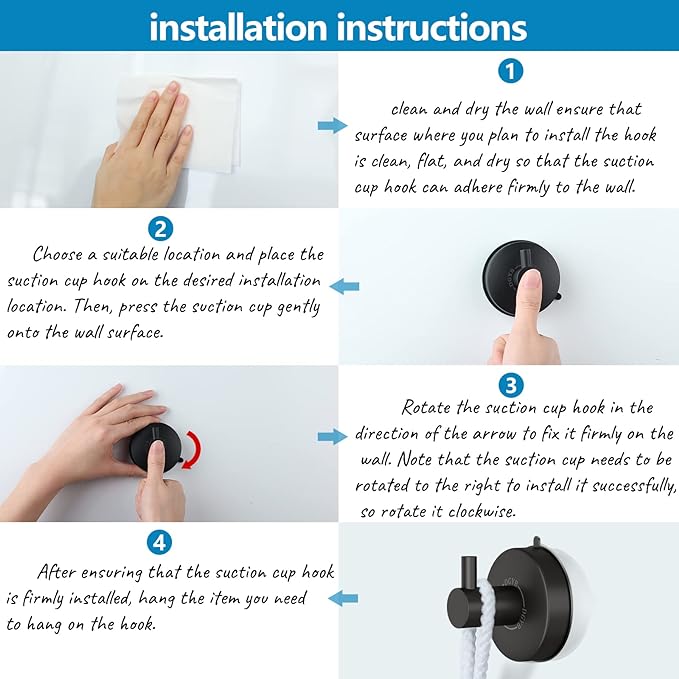 DGYB Suction Cup Hooks for Shower Black Bathroom Hooks Suction Set of 2 Removable Wall Hook for Hanging Towels, Robe, Loofah, Coats