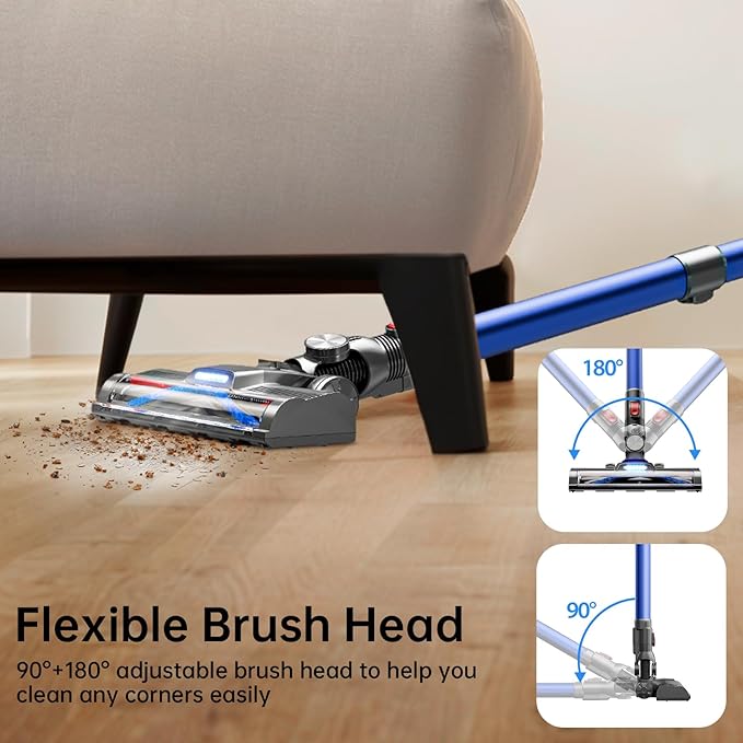BARNMO Cordless Stick Vacuum, Blue, 45 Min Runtime, LED Headlights, 2-Speed, Telescopic Tube with Main Vacuum Brush, Crevice Tool, dust Brush, Removable-Rechargeable Battery Pack with Charging Cord