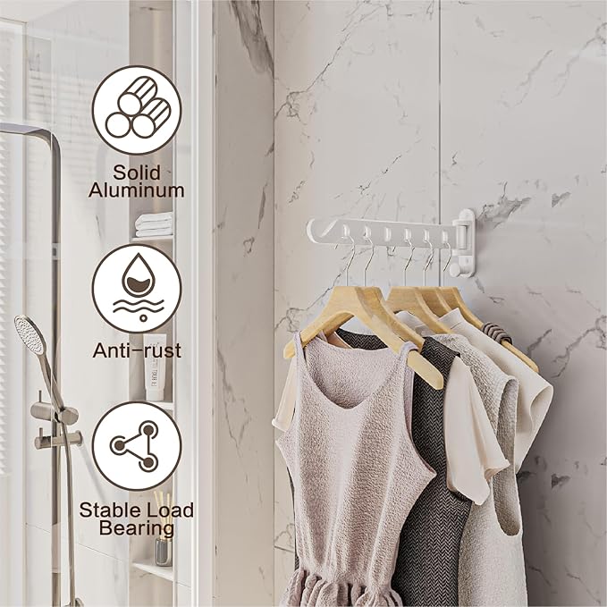 2-Pack Wall Mounted Clothes Drying Rack, Foldable Coat Hanger Holder, Space Saving Laundry Organizer, Sturdy and Durable Aluminum Design (White)