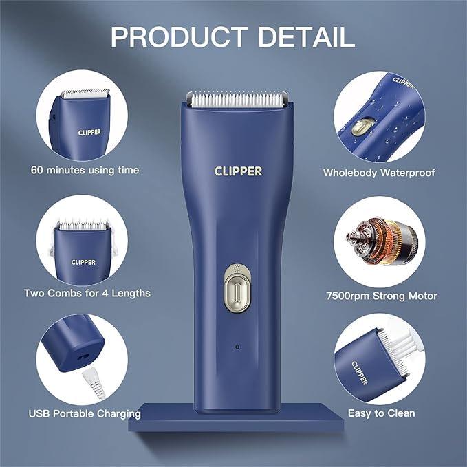 Founouly Dog Cat Home Hair Waterproof Clipper Wireless Dog Trimmer for Grooming,Blue,TS006