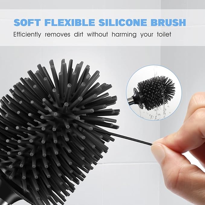 HAMITOR Toilet Bowl Brush Holder Set: Silicone Stainless Steel Deep Cleaning Toilet Cleaner Brush for Bathroom Restroom - Compact Modern Rv Toilet Scrubber Accessories with Caddy