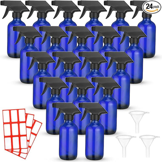 Norme 24 Pcs Glass Spray Bottles with Funnels and Labels 8 oz Refillable Cosmetic Empty Spray Containers with Trigger Squirt Containers for Essential Oil Cleaning Solutions(Blue)