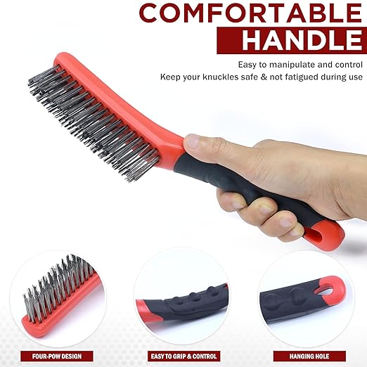 TAKAVU Heavy Duty Wire Brush Set 2pcs, Carbon Steel and Stainless Steel Wire Scratch Brush with 10" Curved Plastic Handle for Cleaning Rust, Paint, Welding