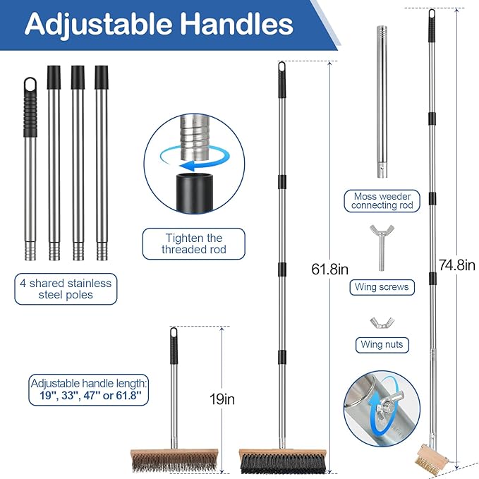 3-in-1 Deck Brush Kit Include Stainless Steel Wire Broom Brush with Long Handle, Floor Scrubber Brush & Crack Weeder Tool for Cleaning Outdoor Broom, Concrete, Garage, Patio, Swimming Pool