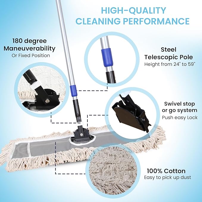 JINCLEAN 24" Industrial Cotton Floor Dust Mop with adjustable Steel Handle - Commercial Mops for Hardwood, Tiles, Laminate, Vinyl, Garage epoxy, Bamboo surface cleaning and Flooring Push Dust Broom