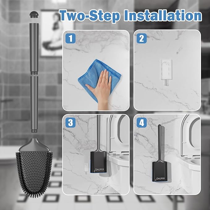 DALIPER Toilet Brush and Holder Set - Flexible Silicone Toilet Bowl Scrubber Brush, Compact Bathroom Brush with Ventilation Base, Black