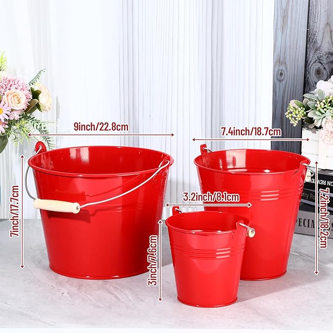 Zopeal 6 Pcs Large Metal Bucket Beer Bucket Galvanized Steel Pail with Handle for Gifts Basket Ice Candy Party(7.4 x 7.2 x 4.6 Inch,Red)