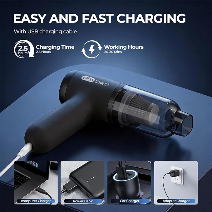 EPROEON EV1395 Cordless Handheld Vacuum Cleaner - 75W 12000Pa Strong Suction, 14-24min Runtime, 0.14L Dust Bin, Multi-Accessories for Stairs, Floors & Narrow Spaces