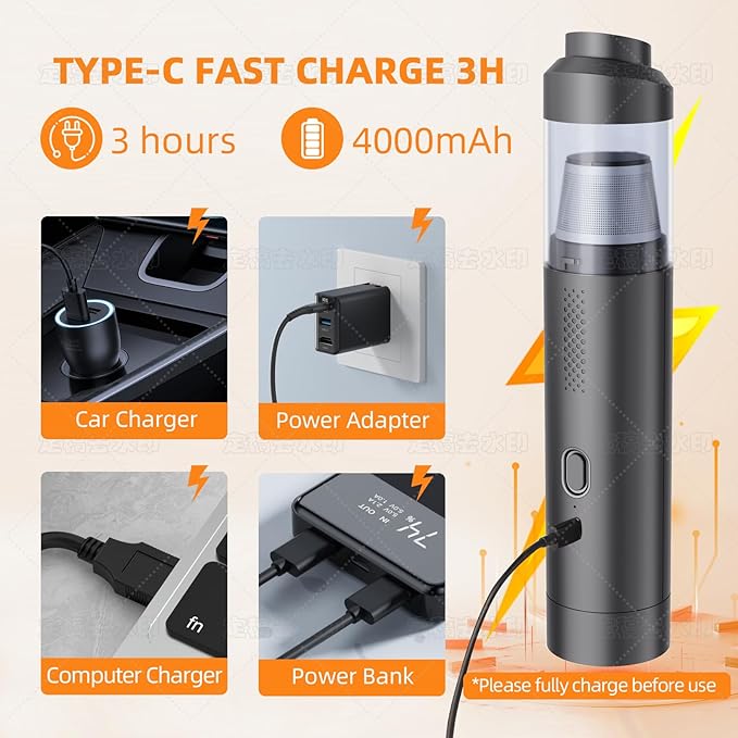 AILEWING Car Vacuum Portable Cordless 19000Pa Powerful Suction, 4-in-1 Mini Vacuum Cleaner Rechargeable Type-C, Wireless Handheld Vacuum for Car, Office Desk & Home