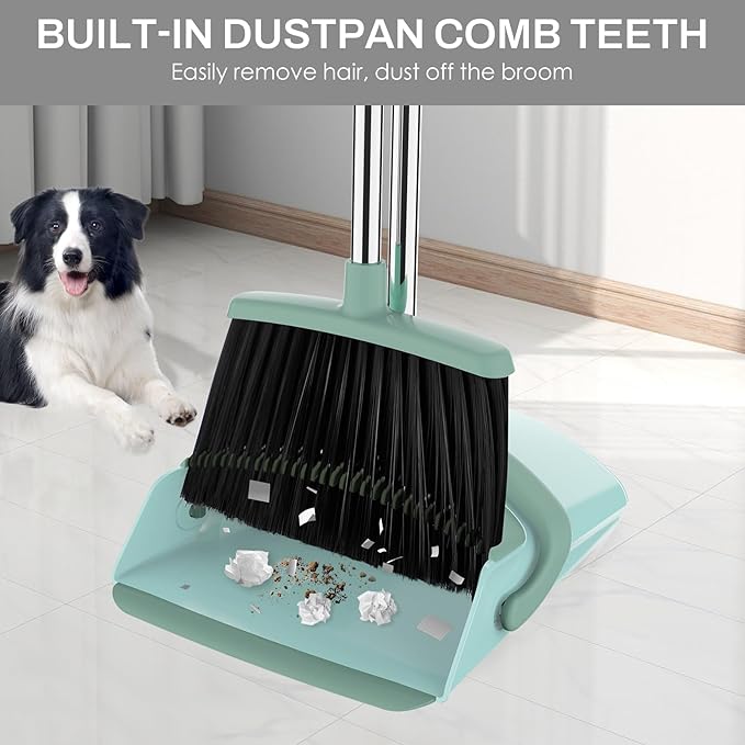EZKEY Broom and Dustpan Set for Home, 51-in Long Adjustable Handle Angle Broom and Dustpan Combo Set with Dust Pan Teeth to Clean Hair for Home Kitchen Office Lobby Floor Garden, Green
