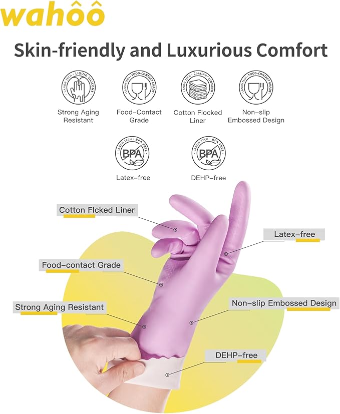 wahoo Skin-Friendly Cleaning Gloves, Reusable Dishwashing Gloves with Flocked Cotton Liner, Dishwashing, Kitchen, Mauve Mist, Small