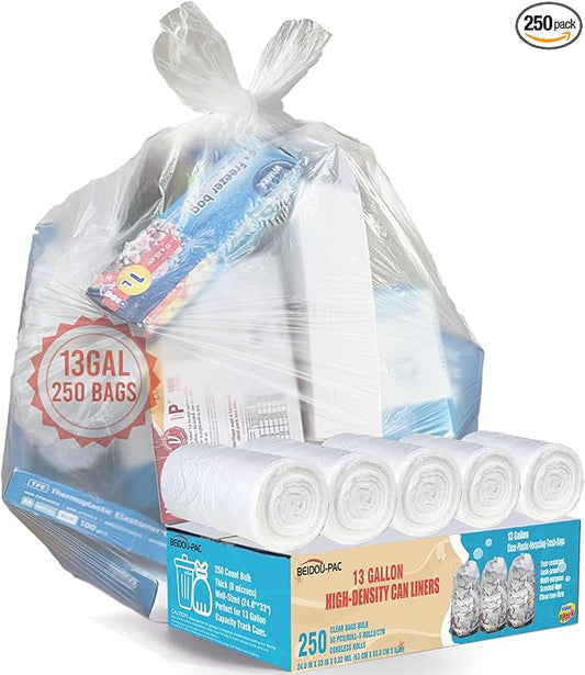 BEIDOU-PAC Trash Bags 13 Gallon, 250 Count Bulk, Clear Plastic Recycling Garbage Bags, Multi-purpose Tall Kitchen Trash Bags Can Liners for Business Home Commercial and Industrial