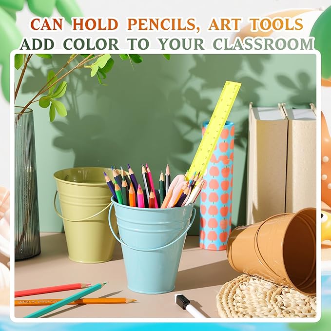 Sadnyy 24 Pack Colored Small Metal Buckets with Handle, 4.5 x 5.1 Inch Mini Galvanized Tin Bucket for Back to School Classrooms Crafts Pencil Holder Boho Wedding Birthday Party Favor Decoration