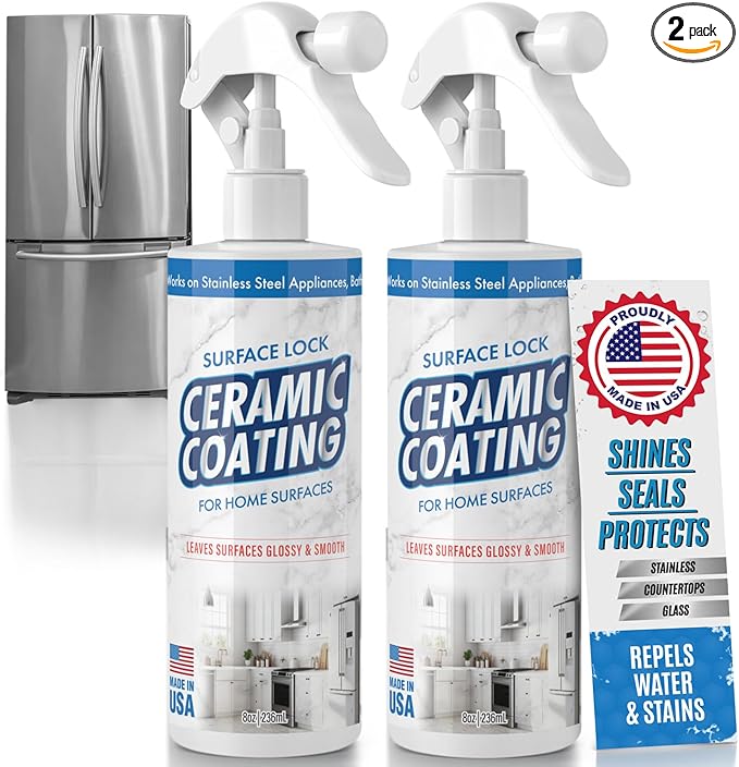 Surface Lock Home Ceramic Coating for Stainless Steel - 2pk - Prevents Fingerprints on Appliances, Countertops, Any Hard Surface In Your Life - Made in the USA Spray - 8 fl oz - Proof It Works to Seal