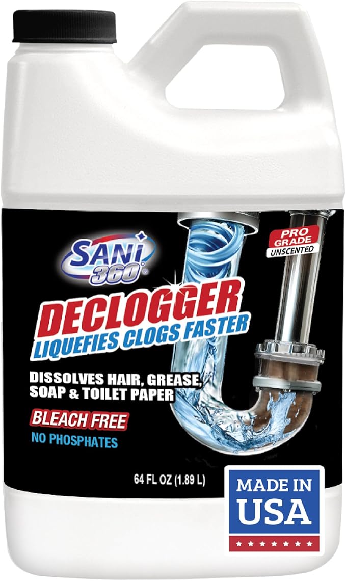 Sani 360° Declogger Dissolves Hair, Soap Scum, Blockage, Toilet Paper. Drain Clog Remover works on Sinks, Shower, Bathtubs, Non-Corrosive, Safe for Pipes and Septic Systems, MADE IN USA (64 FL OZ)